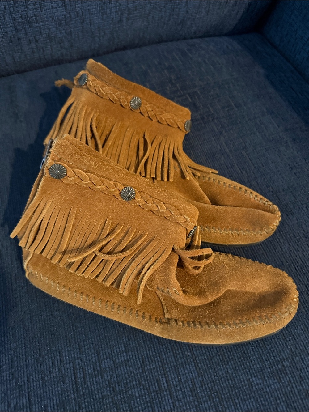 Minnetonka Fringe Moccasin Boots in Chestnut Brown
